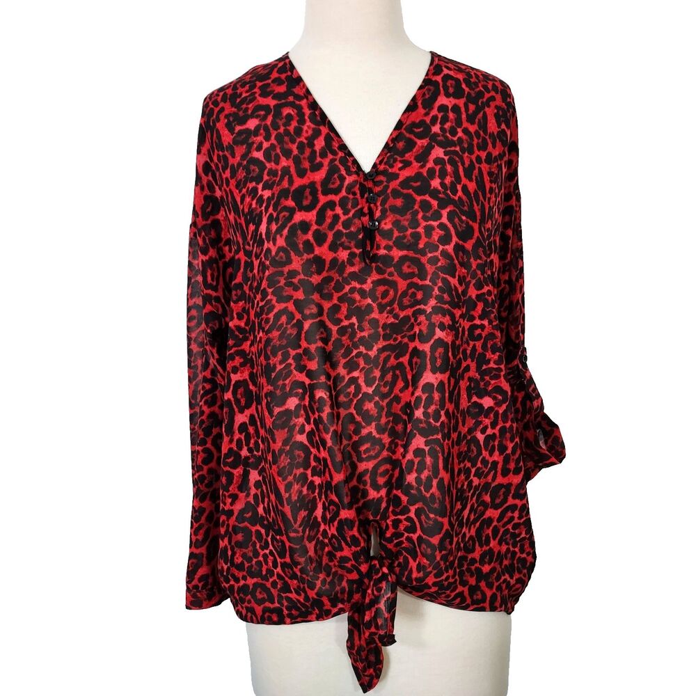 Jeans by Buffalo Women Sheer Leopard Print Roll Tab Sleeve Top Red Black Size M